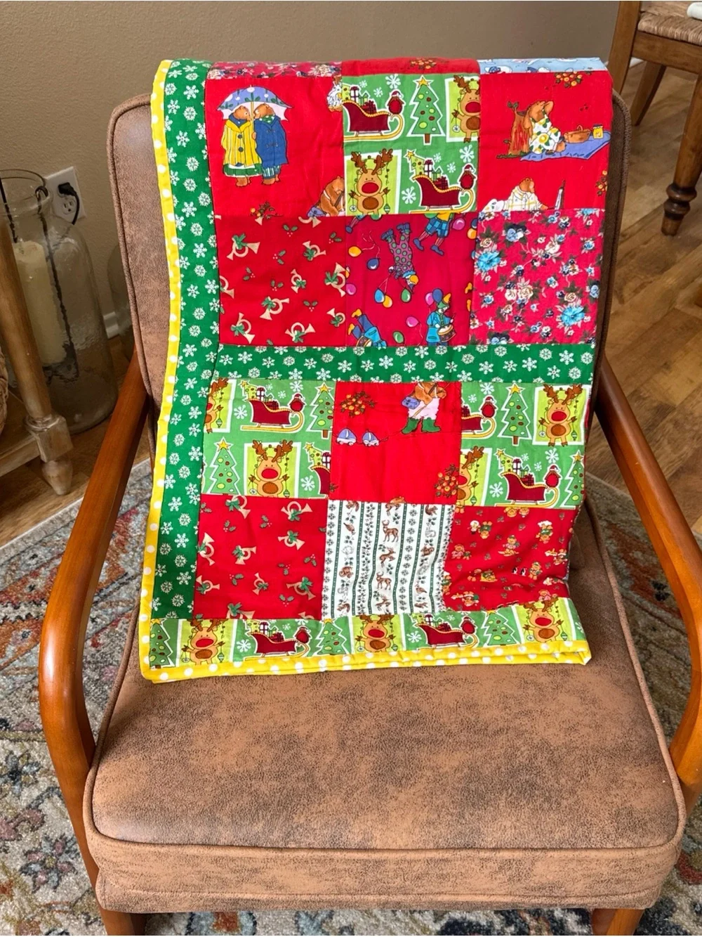 Handmade Christmas Patchwork Quilt 50x38 Holiday Reindeer Tree Sleigh Throw